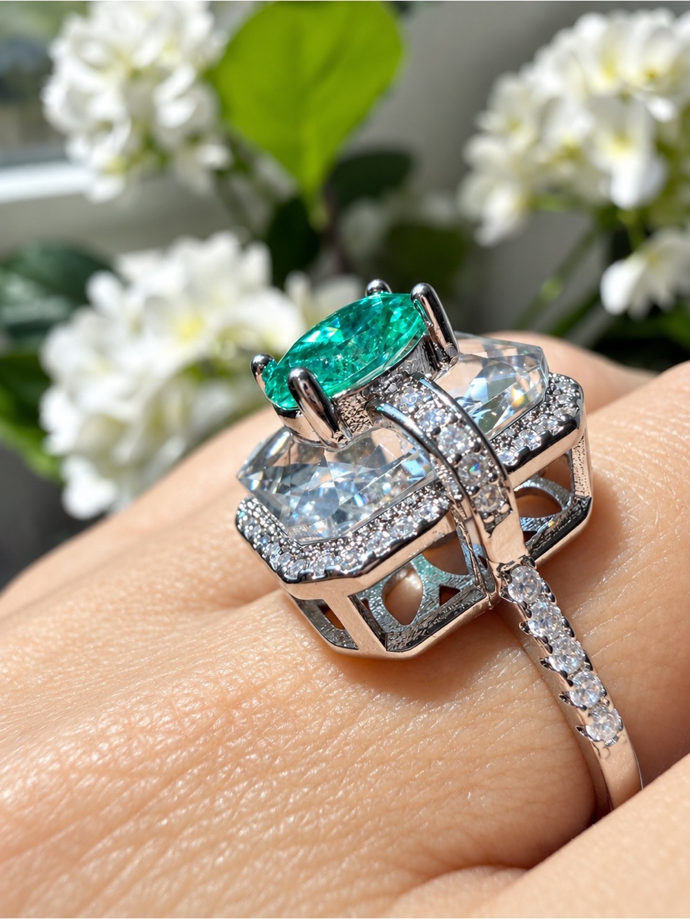 Emerald Green Halo Cocktail Silver Ring